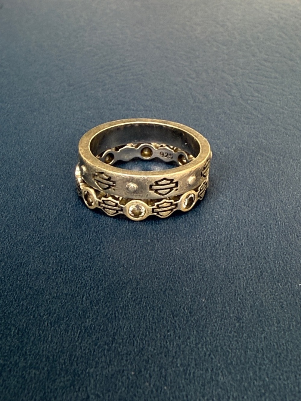 Harley-Davidson Silver-Tone 925 Logo Stackable Ring with Clear Accents
